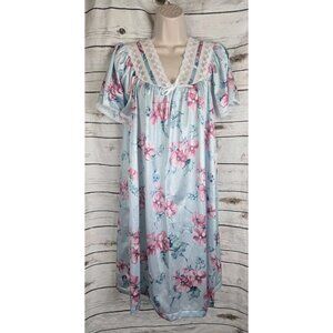 Vintage Vanity Fair Floral Nylon Nightgown L NOS Womens Lace Blue